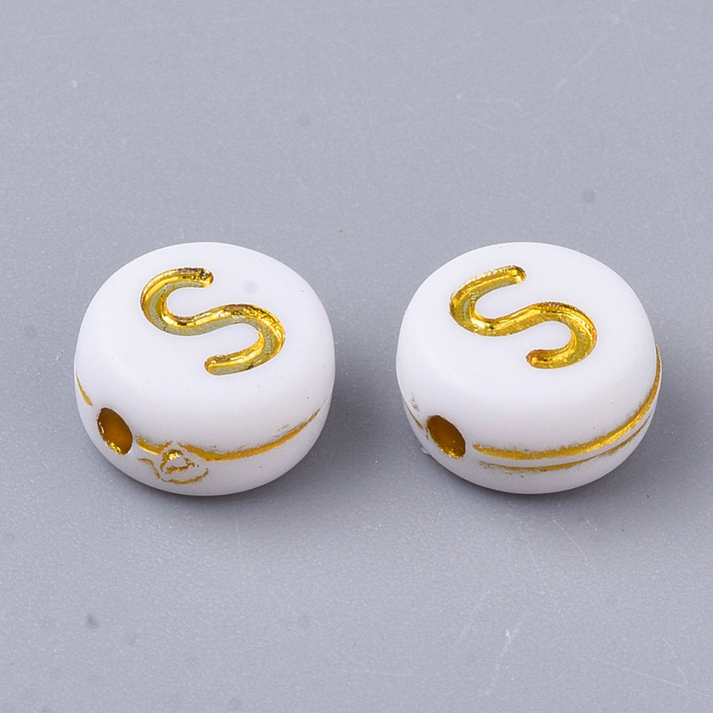 Alphabet Letter Beads (White/Gold) - S