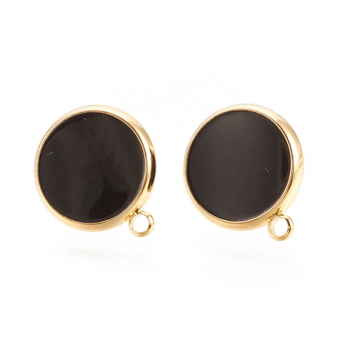 black and gold pair of stud fittings showing a loop on a white background