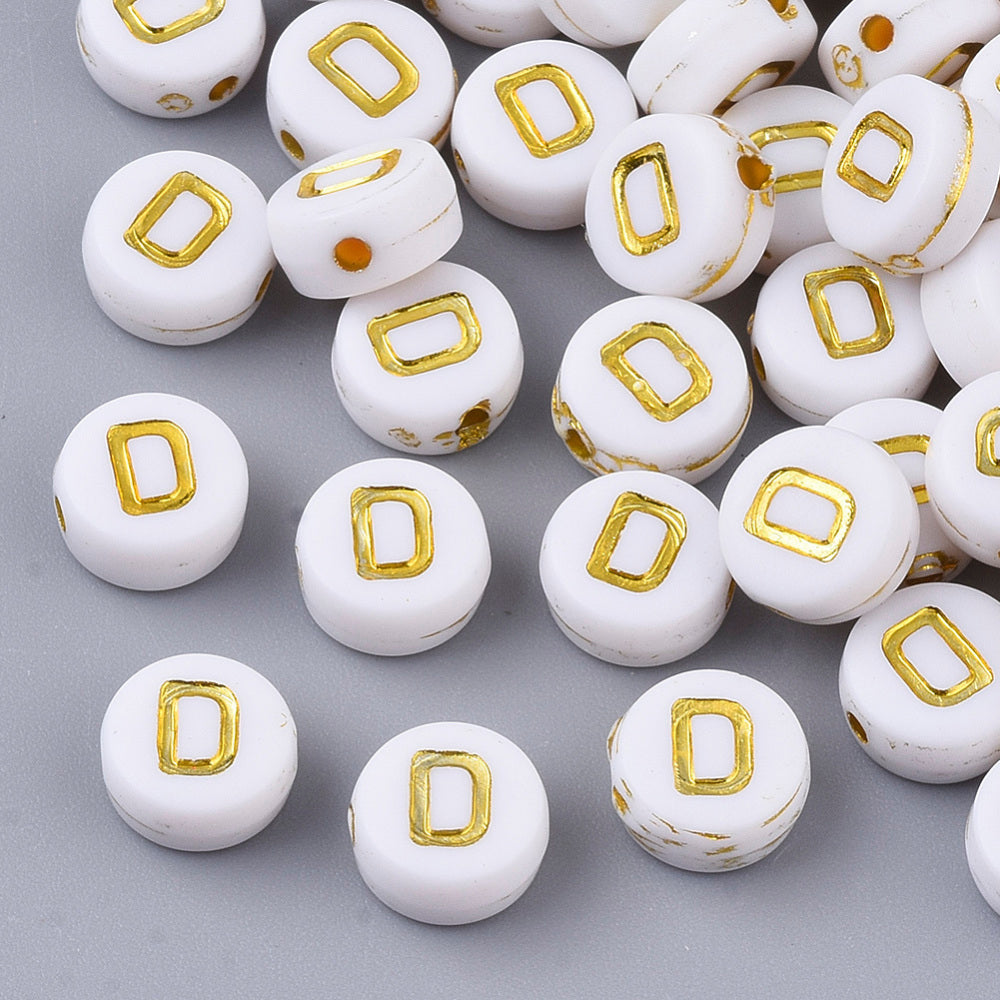 Alphabet Letter Beads (White/Gold) - D