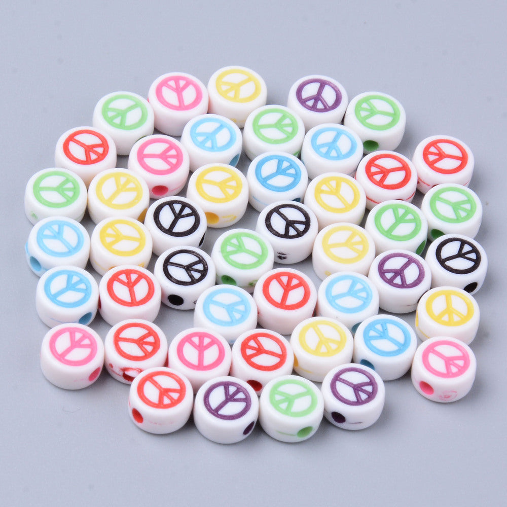 Peace Sign Beads - White/Colours (50)