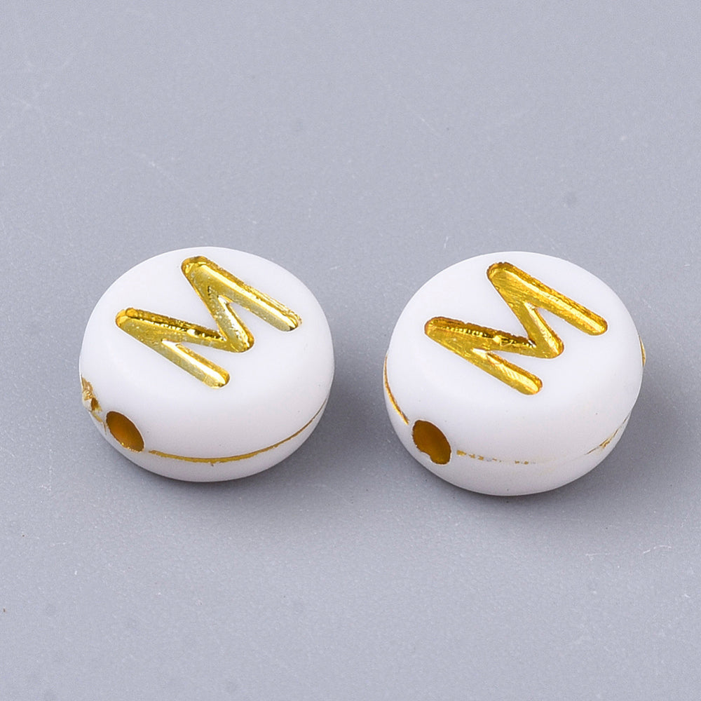 Alphabet Letter Beads (White/Gold) - M
