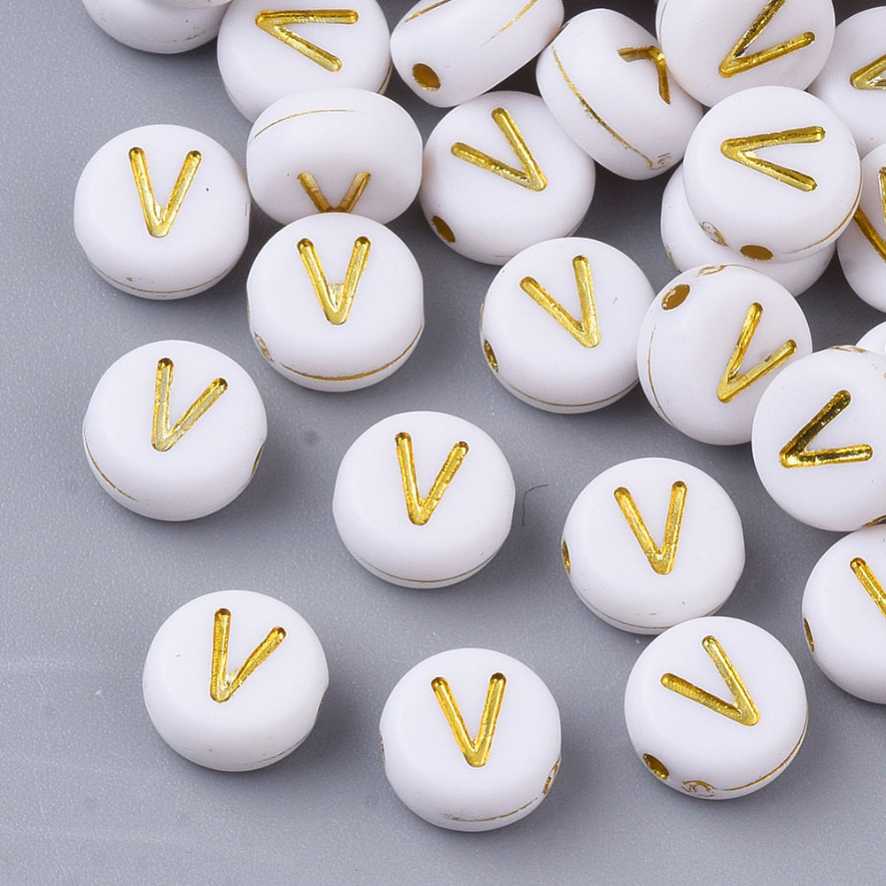 Alphabet Letter Beads (White/Gold) - V