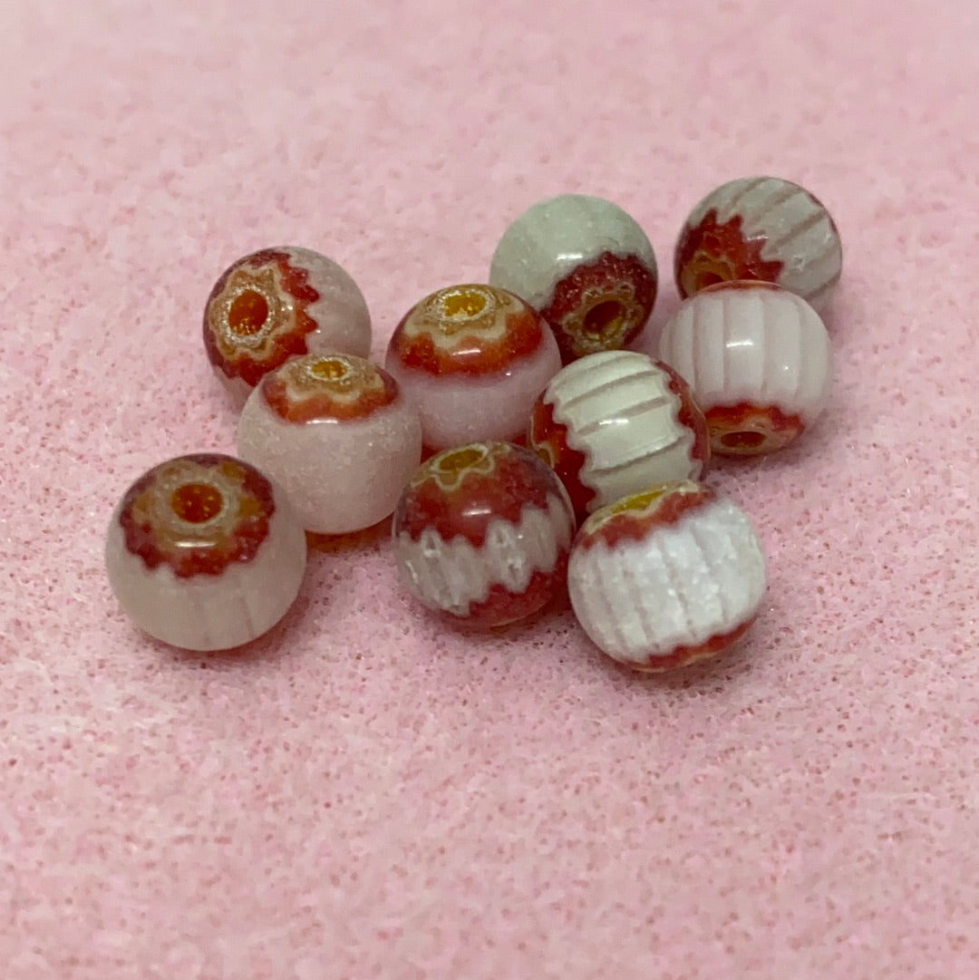 8mm Round (25) - White, Red & Yellow - Vintage Chevron Glass Beads