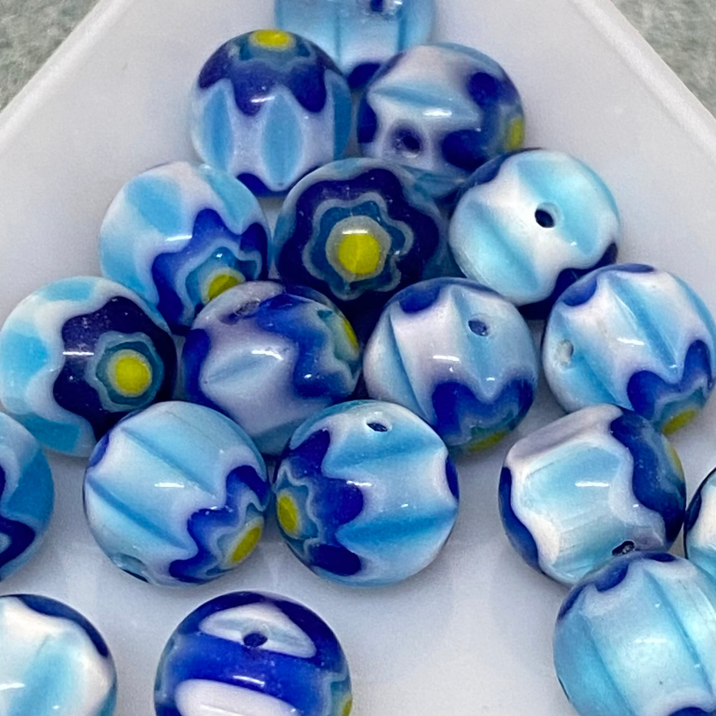 8mm Round Cross Drilled (25) - Aqua, Blue & Yellow - Vintage Chevron Glass Beads