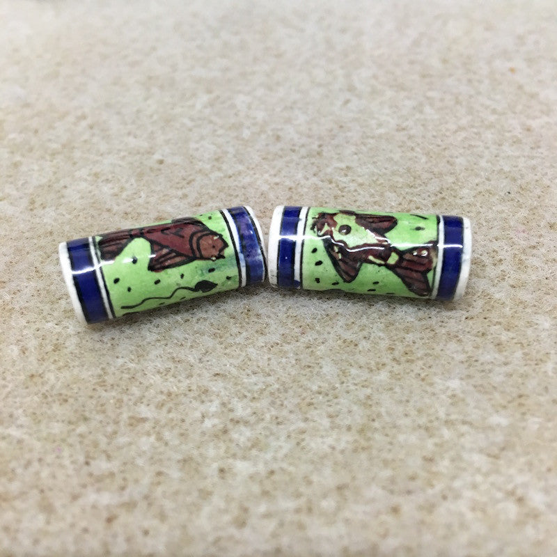 20x8mm Tube (2) - Fish - Ceramic Hand Painted Vintage Beads