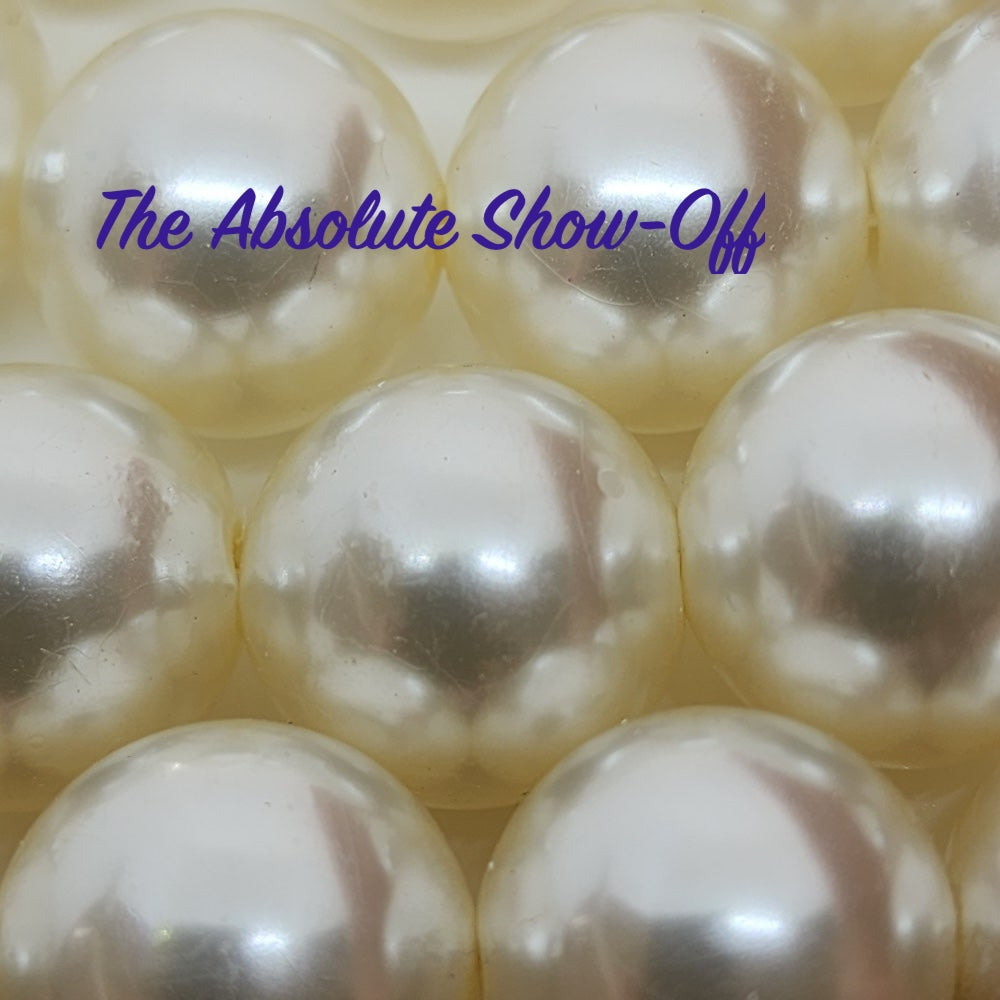 enormous faux pearls in cream colour for use with beading and craft projects.  this size is called the absolute show off