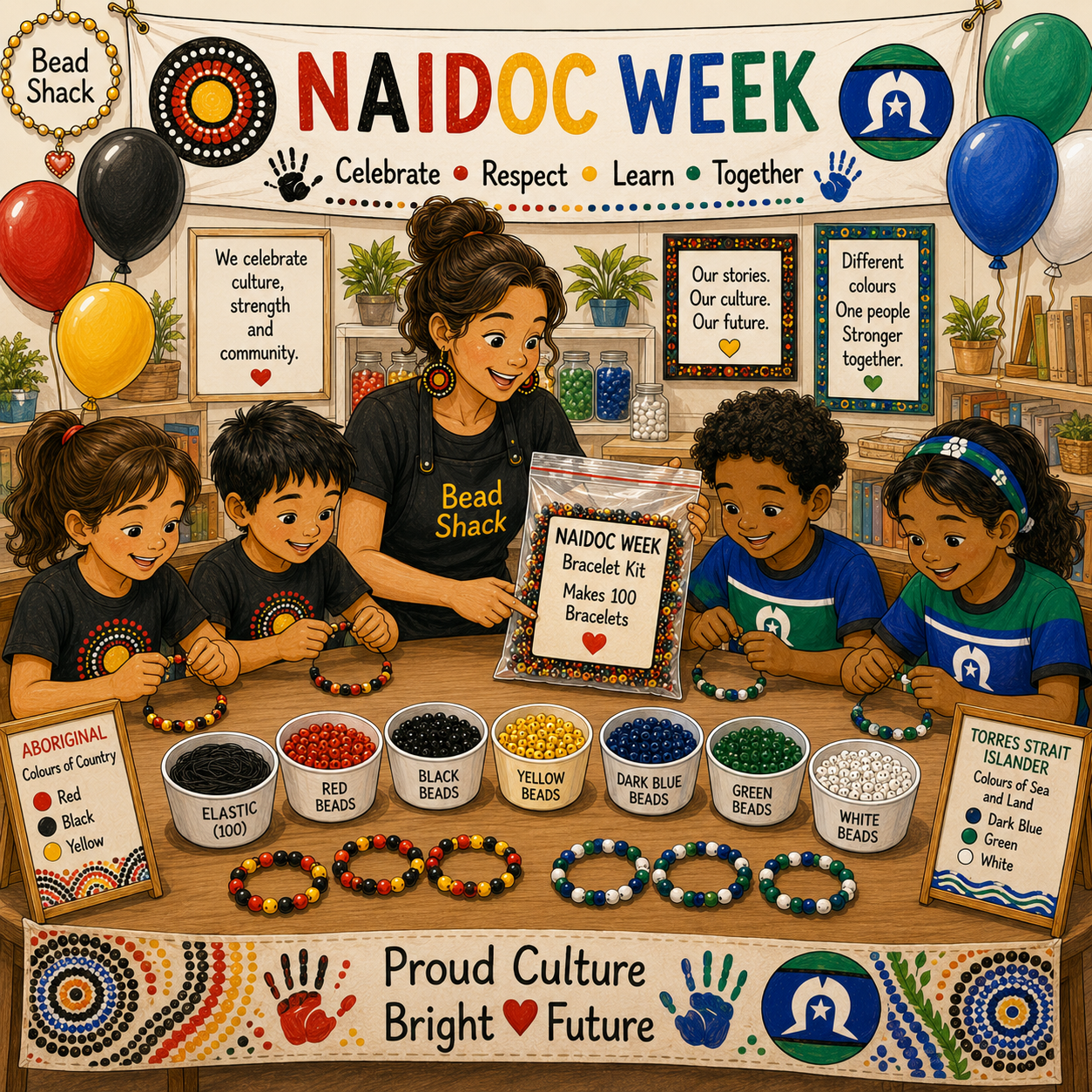 A colourful ai generated illustration of children and a teacher enjoying making bracelets to celebrate NAIDOC week in Australia.  A table with colour beads and samples of what they are making, as well as a large kit of beads on show