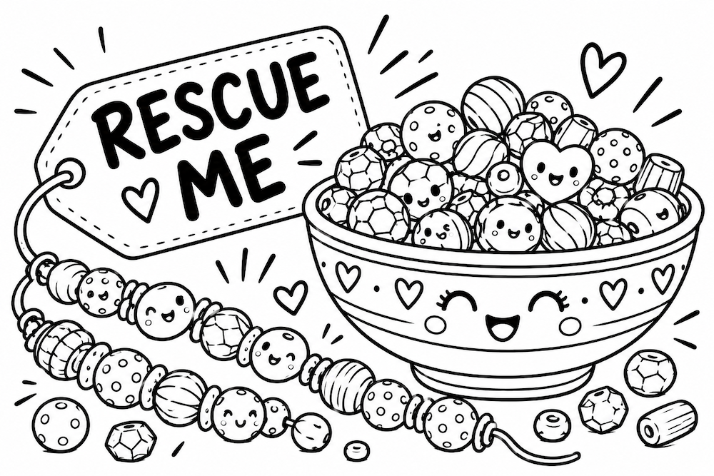 a cute line drawing showing a bowl of beads and a strand of beads with happy faces and a large sign saying RESCUE ME