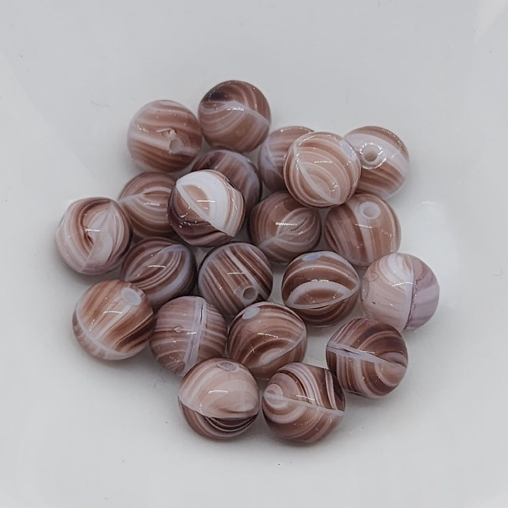 6mm Round (50) - Brown w. White Swirls - Vintage Czech Glass Beads