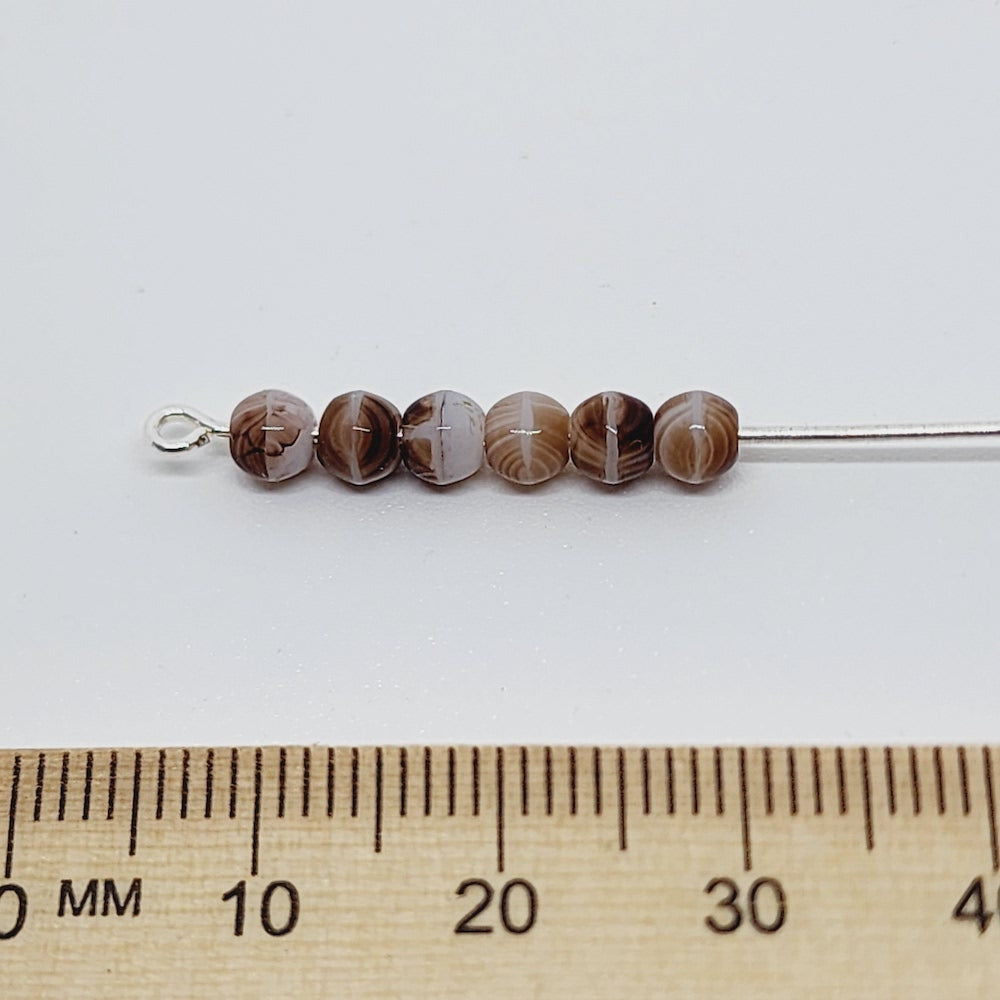 4mm Round Czech Glass Beads (100) - Brown/White Swirl - Bead Shack