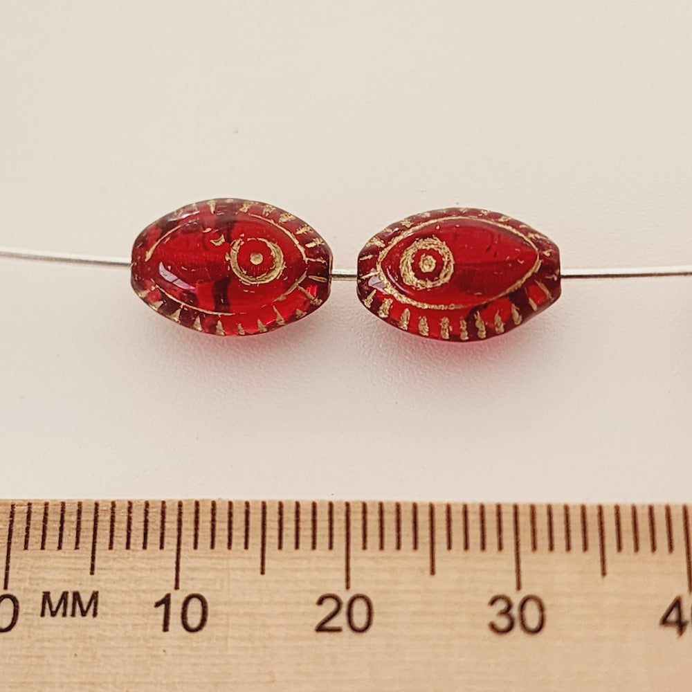 14x10mm Oval (10) - Red Transparent w. Gold - Vintage Czech Glass Beads