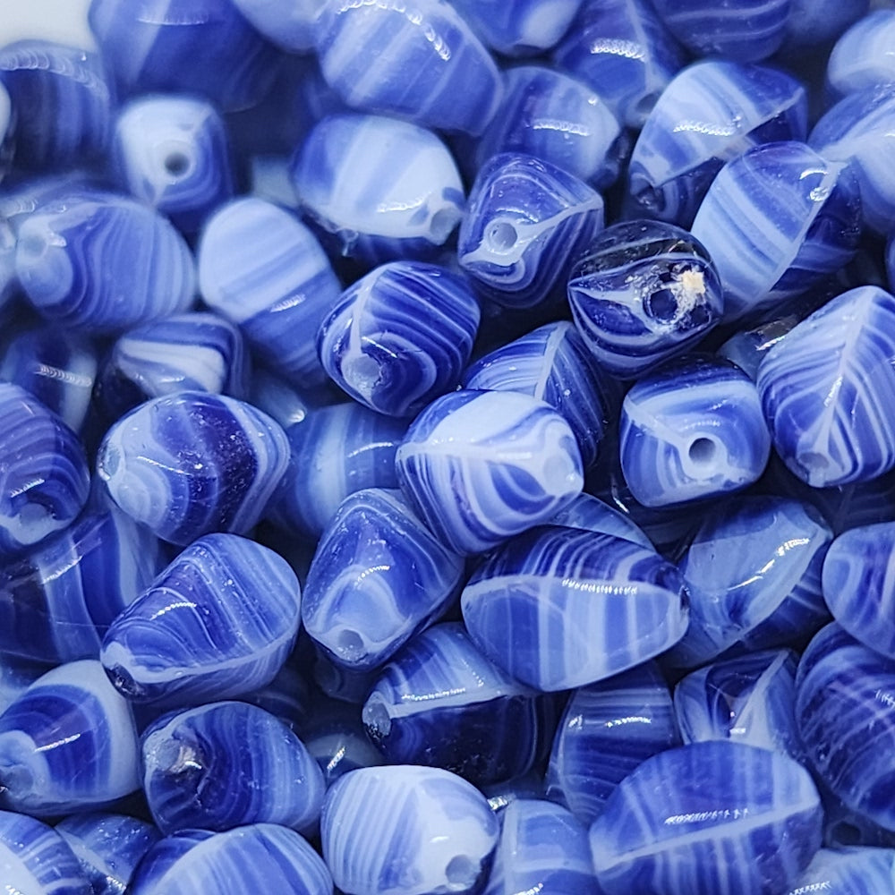 8x6mm Twisted Oval Czech Glass Beads (25) - White w. Blue Swirl - Bead Shack