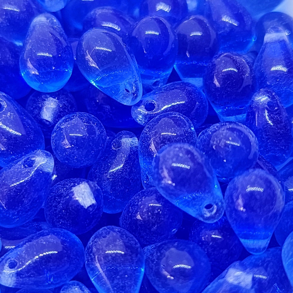 8x5mm Teardrop Oval (100) - Sapphire Blue Transparent - Vintage Czech Glass Beads