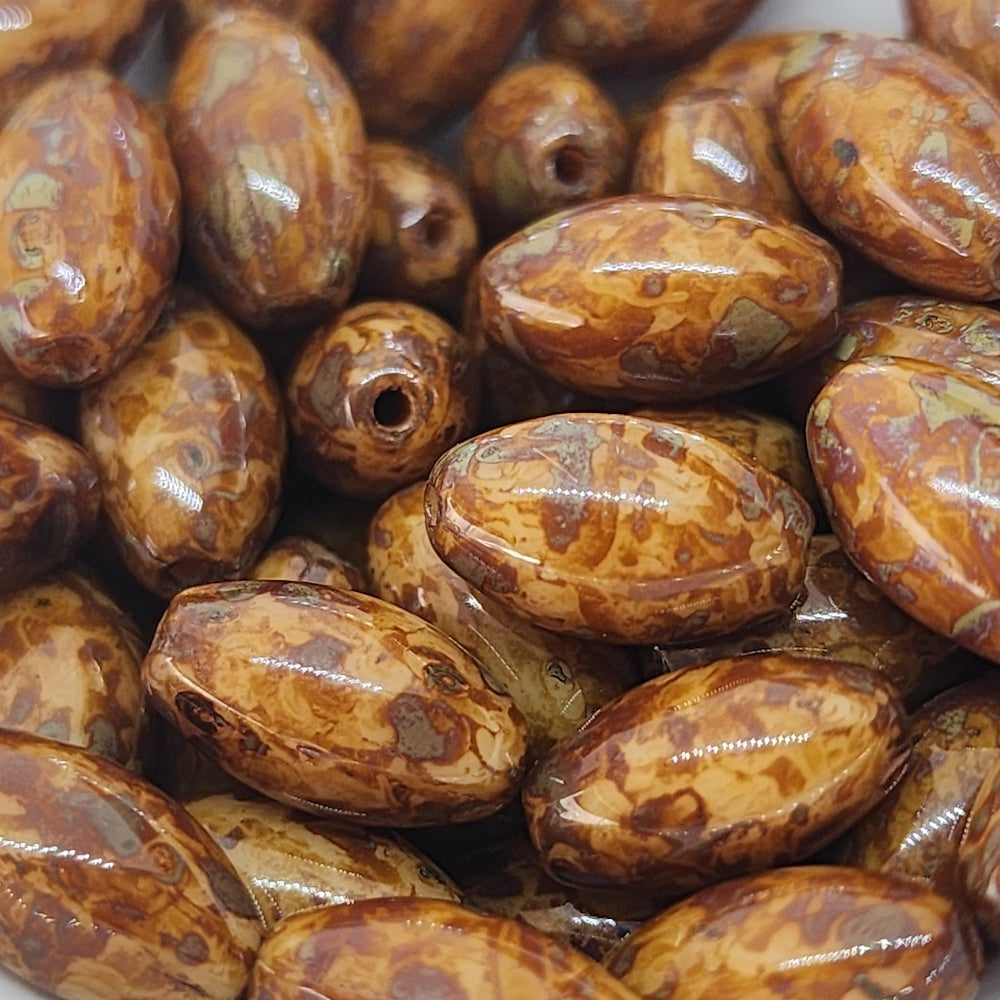 12x7mm Rice (25) - Dark Brown Opaque Mottled - Vintage Czech Glass Beads