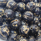 8mm Round (10) - Black Opaque w. Gold - Vintage Czech Glass Beads