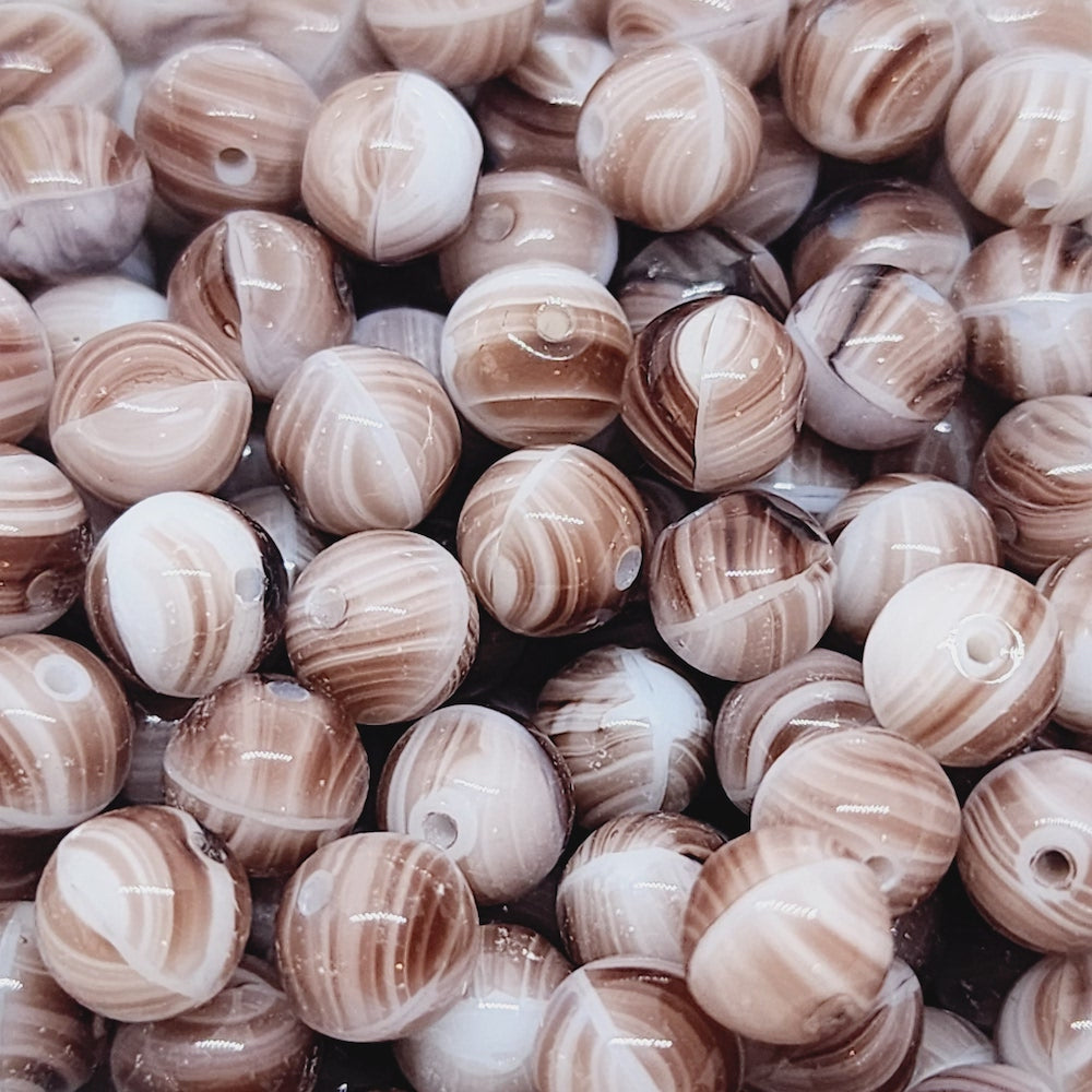 6mm Round (50) - Brown w. White Swirls - Vintage Czech Glass Beads