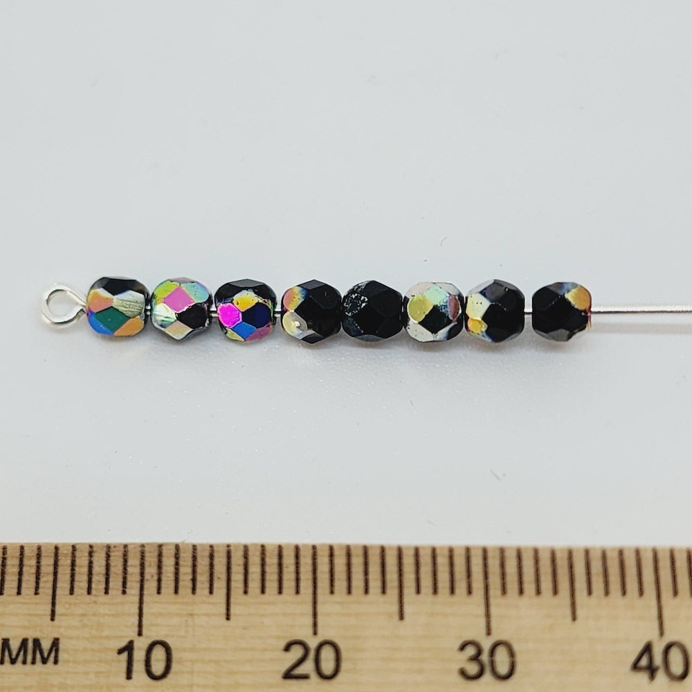 4mm Fire Polish (100) - Jet Marquisite - Vintage Czech Glass Beads