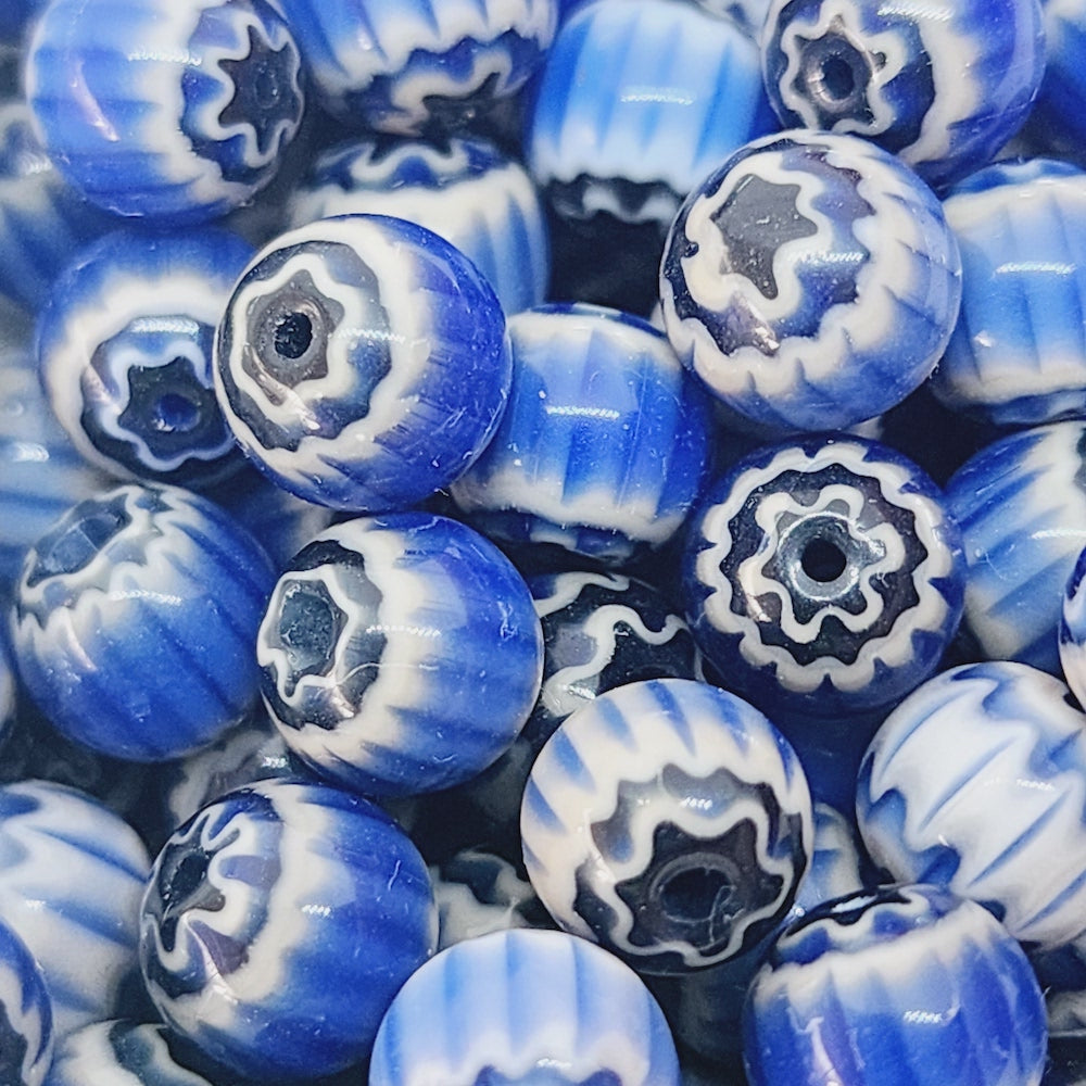 8mm Round (25)  - Blue & Black - Vintage Chevron Glass Beads
