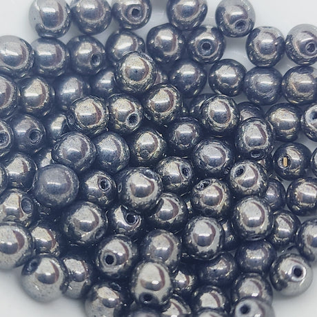 5mm Round Czech Glass Beads (50) - Gunmetal Lustre - Bead Shack
