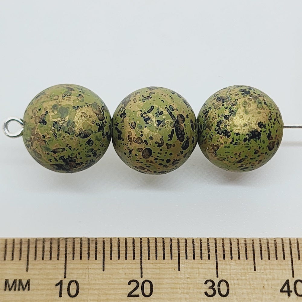 12mm Round (10) - Green - Matte Metallic Speckled Vintage Beads