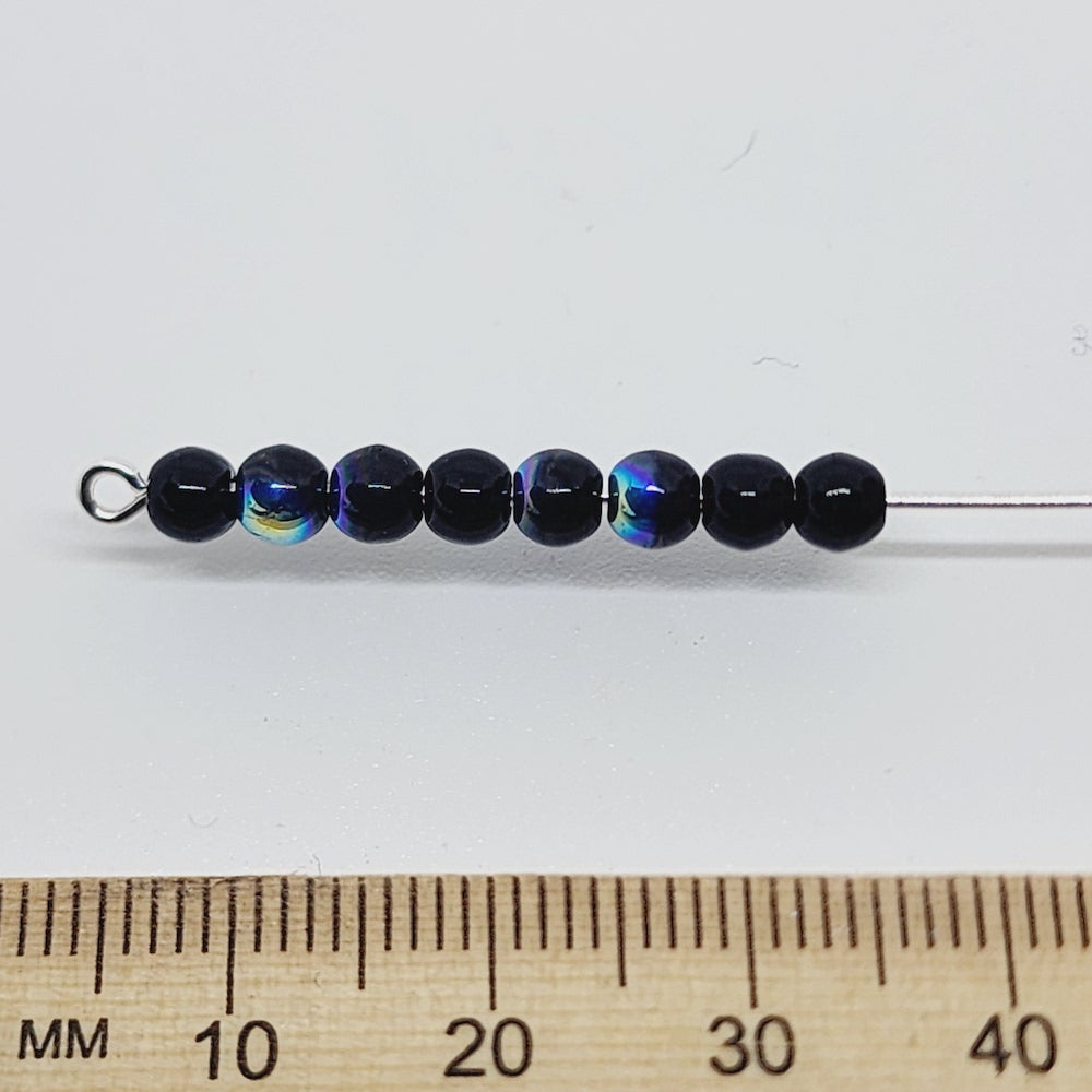 4mm Round Czech Glass Beads (100) - Black AB - Bead Shack