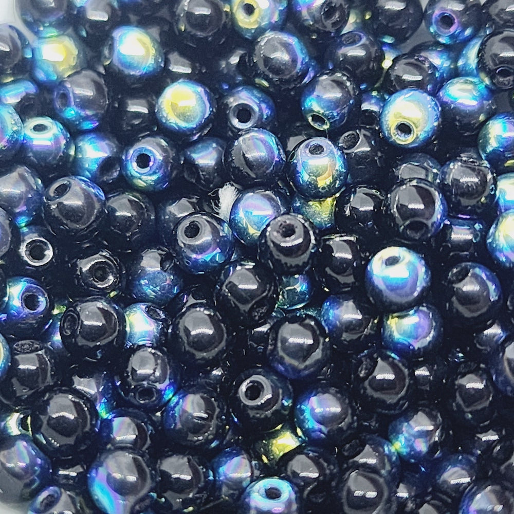 4mm Round Czech Glass Beads (100) - Black AB - Bead Shack