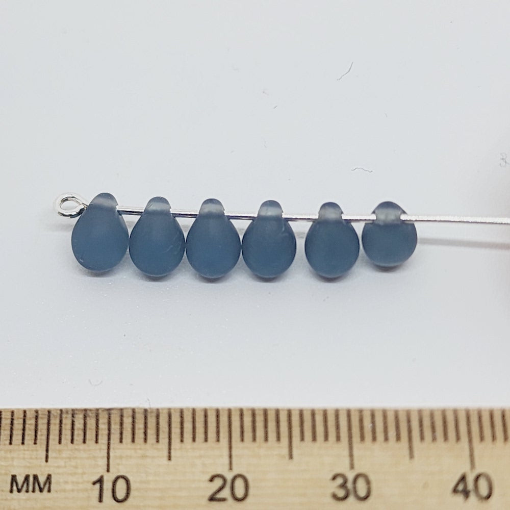 7x5mm Teardrop (25) - Indicolite Blue Frosted - Vintage Czech Glass Beads