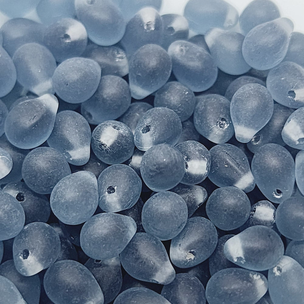 7x5mm Teardrop (100) - Indicolite Blue Frosted - Vintage Czech Glass Beads