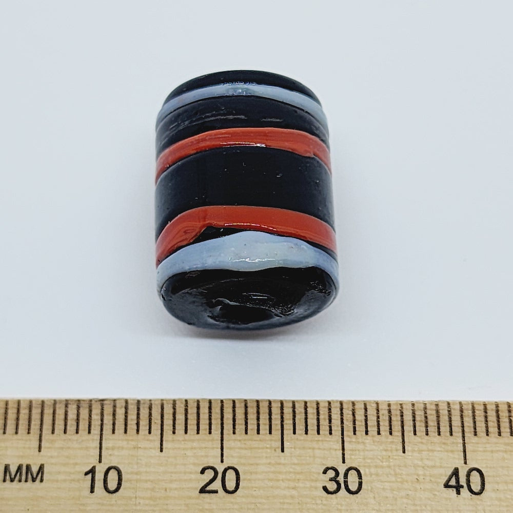 20mm Tube (5) - Black w. Red & White Trailed Lines - Glass Vintage Replica Trade Beads