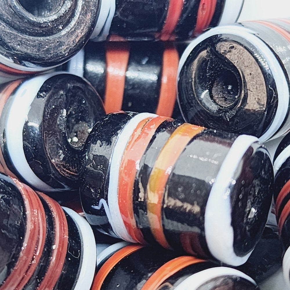 20mm Tube (5) - Black w. Red & White Trailed Lines - Glass Vintage Replica Trade Beads