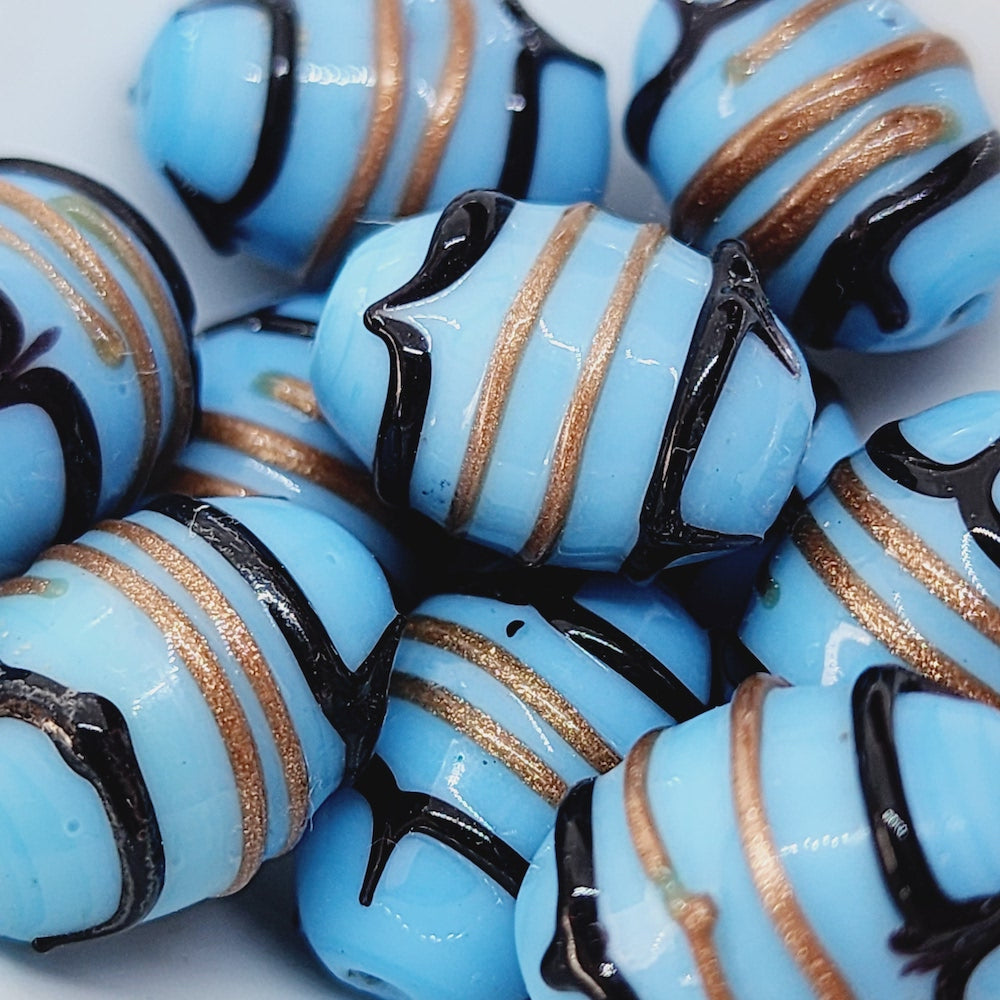19x14mm Oval (10) - Light Blue w. Aventurine & Black - Glass Vintage Replica Trade Lampwork Beads