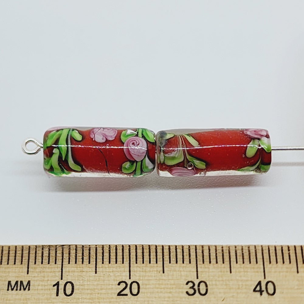 Floral Tube Bead (10) - Red - Vintage Handmade Glass Lampwork Beads