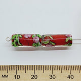 Floral Tube Bead (10) - Red - Vintage Handmade Glass Lampwork Beads