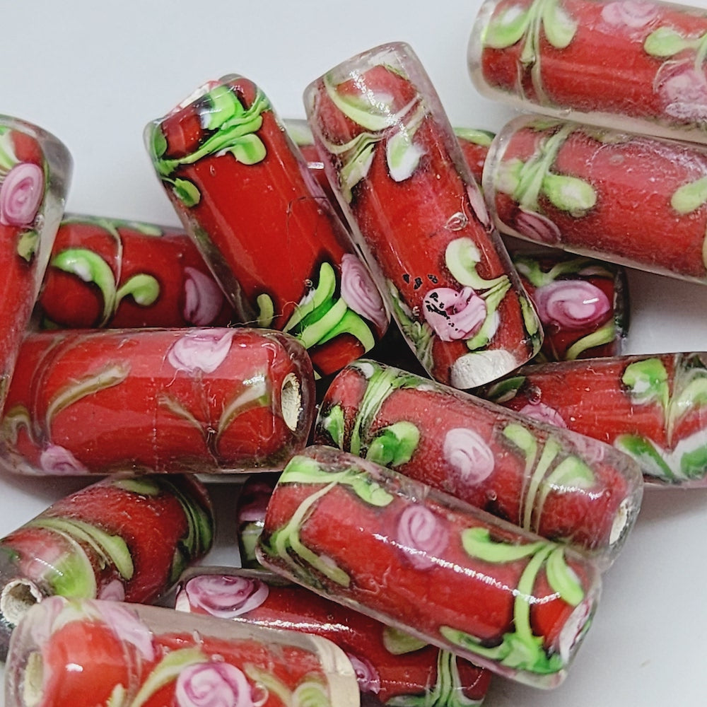 Floral Tube Bead (10) - Red - Vintage Handmade Glass Lampwork Beads