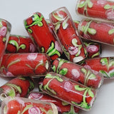 Floral Tube Bead (10) - Red - Vintage Handmade Glass Lampwork Beads