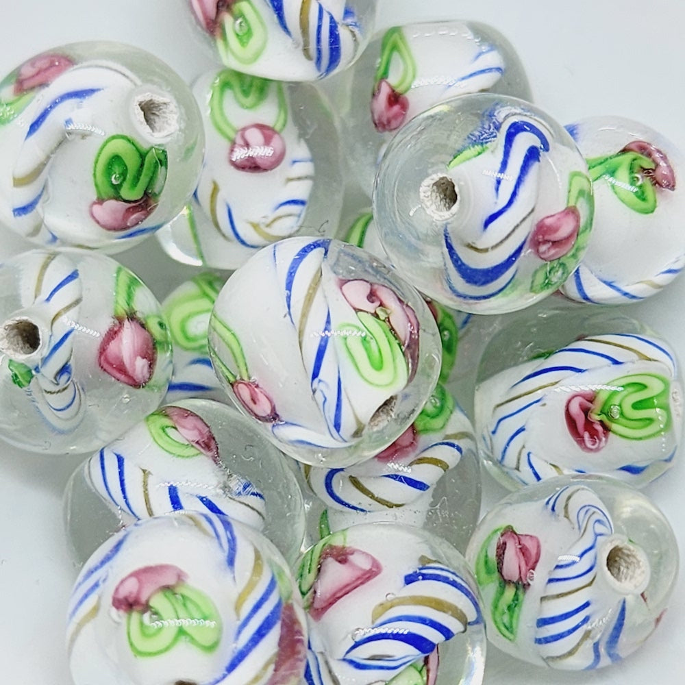 Candy Cane Bead (10) - White - Vintage Handmade Glass Lampwork Beads