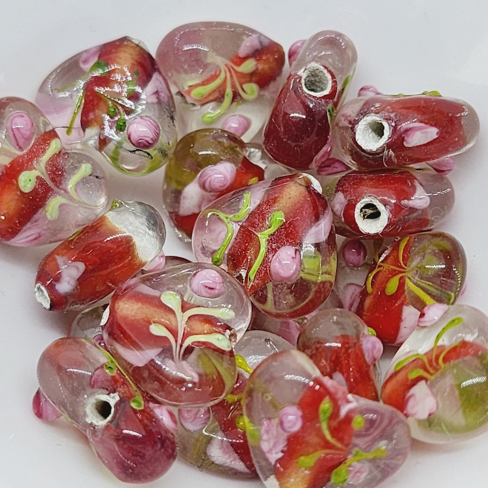 Floral Heart Bead (5) - Red - Vintage Handmade Glass Lampwork Beads