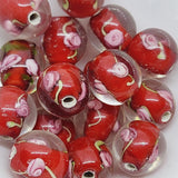 Floral Bead (10) - Red - Vintage Handmade Glass Lampwork Beads