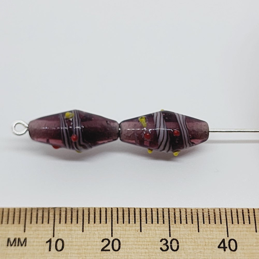 Candy Cane Bicone Bead (10) - Transparent Dark Amethyst - Vintage Handmade Glass Lampwork Beads