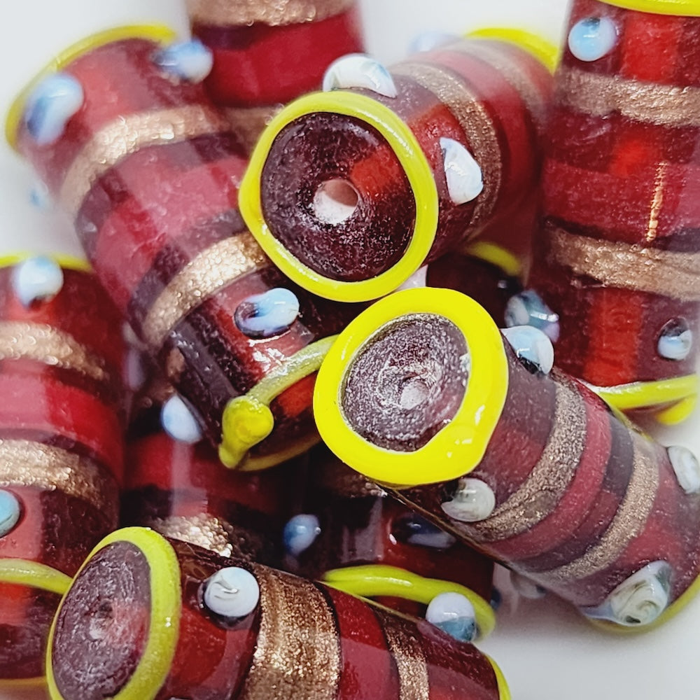 23x10mm Tube (5) - Red Transparent w. Aventurine - Vintage Indian Lampwork Beads