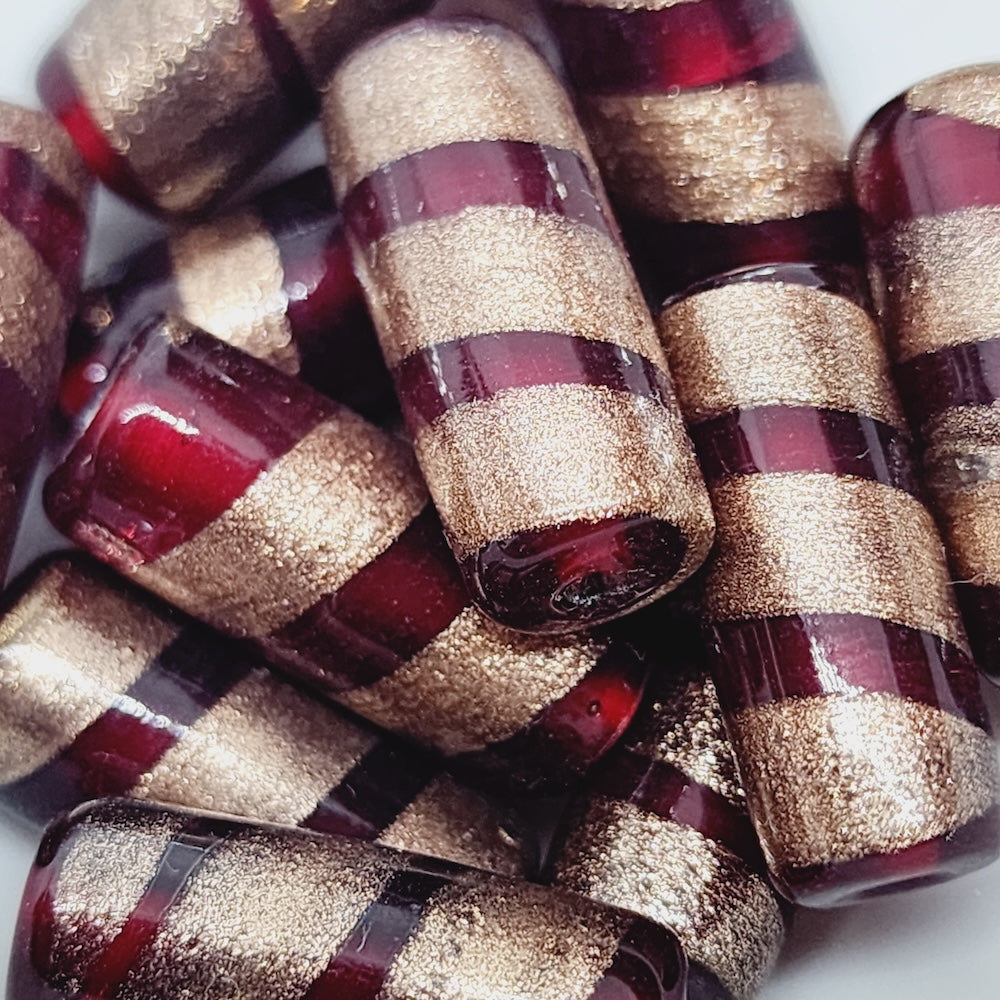 23x10mm Tube (10) - Red Transparent w. Aventurine - Vintage Handmade Glass Lampwork Beads - Bead Shack