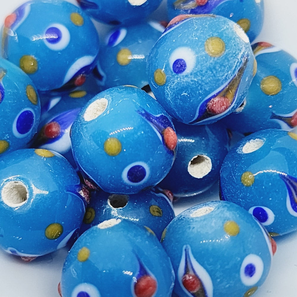 10mm Eye Bead (5) Blue Opaque Vintage Handmade Glass Lampwork