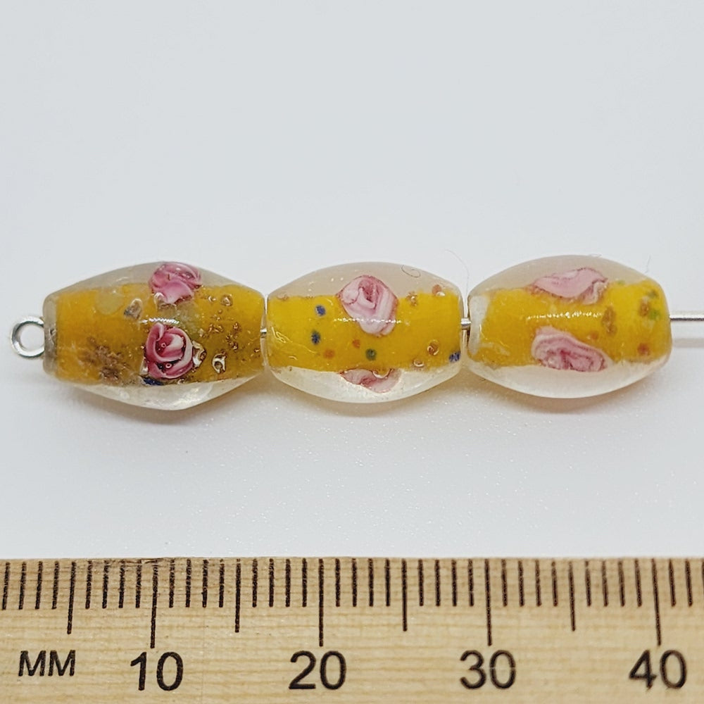 Floral Bicone Bead (10) - Yellow - Vintage Handmade Glass Lampwork Beads