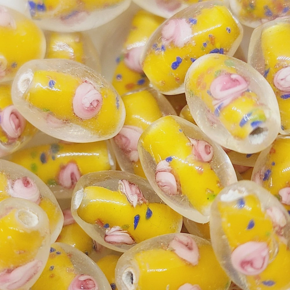 Floral Bicone Bead (10) - Yellow - Vintage Handmade Glass Lampwork Beads