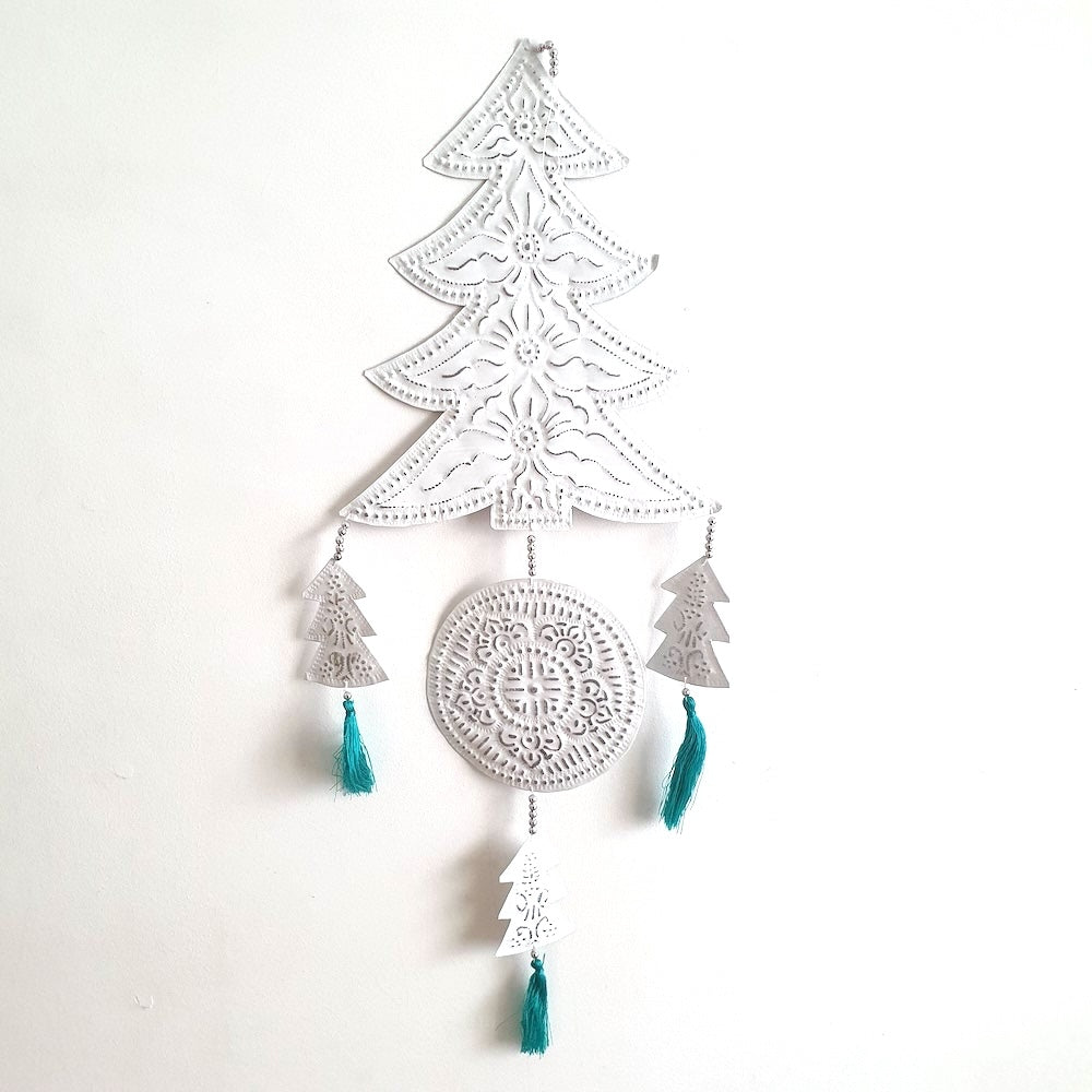 Pressed Metal Hanger Decoration - Christmas Tree - White