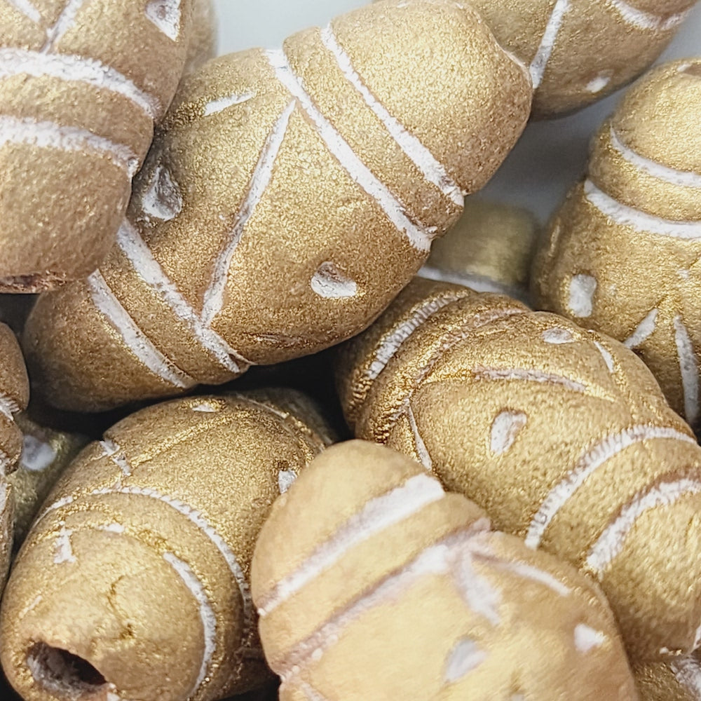 28x12mm Bicone w. Lines & Triangles (10) - Light Antique Gold - Vintage Clay Beads