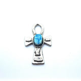 Metal Ankh vintage charm with turquoise blue tiny scarab beetle in the centre on a white background