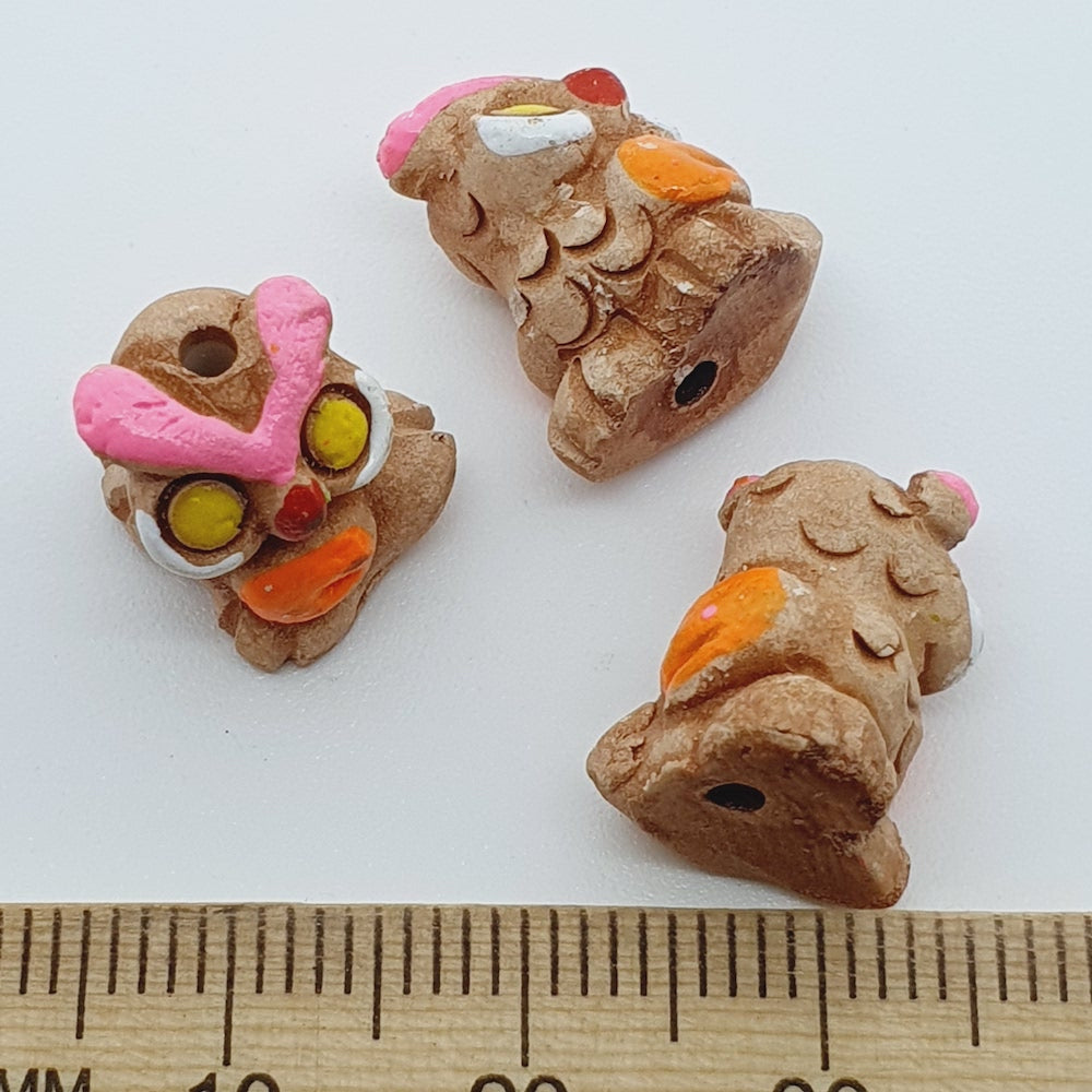 Rare Owl Bead (1) - Pink & Orange - Terracotta Clay Hand Painted Vintage Beads