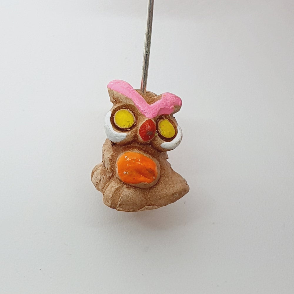 Rare Owl Bead (1) - Pink & Orange - Terracotta Clay Hand Painted Vintage Beads
