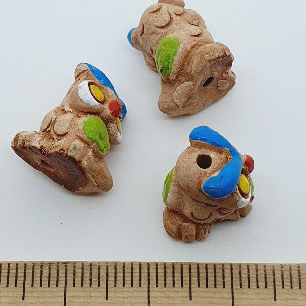 Rare Owl Bead (1) - Green & Blue - Terracotta Clay Hand Painted Vintage Beads